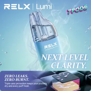 RELX Lumi 18K พอตใช้แล้วทิ้ง 18000 คำ ด้วยคอนเซปต์ Next Level Clarity ดีไซน์แทงก์โปร่งใส และคอนเซปต์ Zero Leaks Zero Burnt ป้องกันการรั่วซึมและคอยล์ไหม้ ด้วยเทคโนโลยี Triple-Seal Protection ซีลป้องกันแบบ 3 ชั้น ที่ช่วยล็อกน้ำยาไม่ให้รั่วซึมเลอะเทอะกระเป๋า พร้อมป้องกันไม่ให้เกิดอาการคอยล์ไหม้